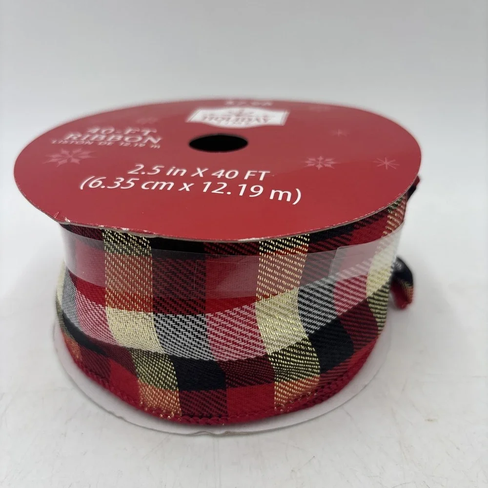 Holiday Time Red Black Gold Plaid Christmas Ribbon, 2.5Ftx40ft